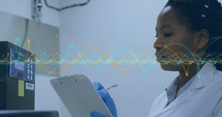 Aufkleber - analyzing data with digital waveforms, scientist working in laboratory environment