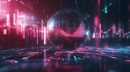 Poster - a high-tech workspace with a transparent holographic globe displaying real-time global information