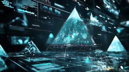 Poster - A high-tech background with floating, transparent pyramids displaying interactive data points and graphs