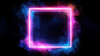 Poster - front view of a stylish neon shining square frame empty space. Dark electric magenta, dark electric blue background