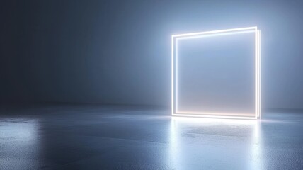 Poster - Empty geometric frame square concrete room featuring a bright, glowing rectangular portal neon, radiating light and creating an atmosphere of mystery and opportunity Copy space for text
