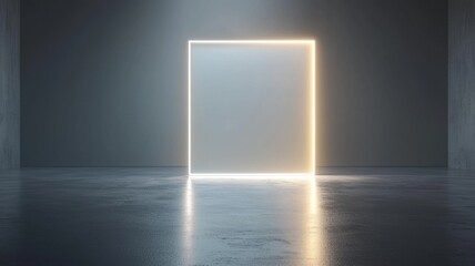 Poster - Empty geometric frame square concrete room featuring a bright, glowing rectangular portal neon, radiating light and creating an atmosphere of mystery and opportunity