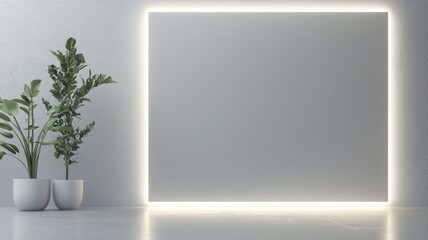 Poster - Empty geometric frame square concrete room featuring a bright, glowing rectangular portal neon, radiating light and creating an atmosphere of mystery and opportunity Copy space for text