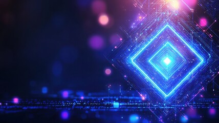 Poster - Bright neon square frame glowing on dark background with sparkling particles and bokeh lights, creating a vibrant and futuristic atmosphere Copy space for text
