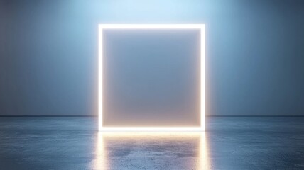 Poster - Empty geometric 3d frame square concrete room featuring a bright, glowing rectangular portal neon, radiating light and creating an atmosphere of mystery and opportunity Copy space for text
