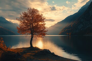 Wall Mural - lone tree by lake shore