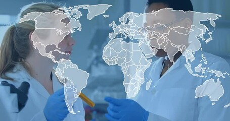Aufkleber - In laboratory, scientists discussing research with world map animation overlay