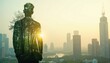 © miss irine - Double exposure image of businessman silhouette with forest inside. Cityscape background. Investing with focus on sustainability, corporate ecosystem, green environment, renewable resources. Ethic