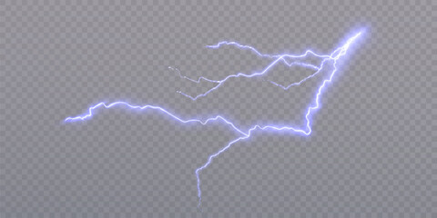 Poster - Lightning isolated on transparent background PNG. Lightning and discharge impact force, thunder, sparkle. Vector