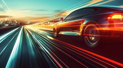 Poster - a futuristic electric car driving on a smart highway