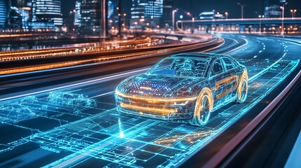 Poster - a futuristic electric car driving on a smart highway