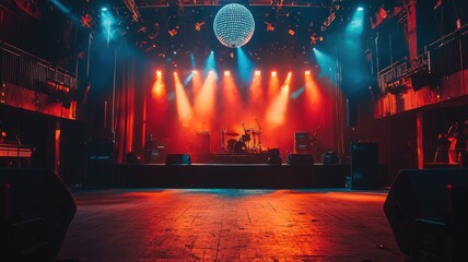 Poster - Empty concert stage illuminated with pink and blue spotlights and sound equipment ready for the show big disco era. A shimmering ball background