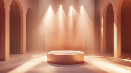 Poster - Wooden empty podium stage bathed in bright spotlights, beige curtain background, glittering particles dancing, evoking theatrical enchantment