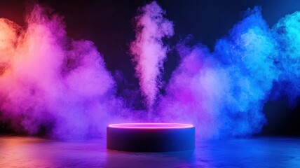 Poster - Round Empty mockup wooden podium illuminated by colorful stage lights and smoke creating a vibrant and dramatic atmosphere Copy space for text