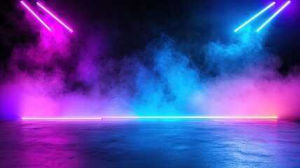 Poster - Empty concert stage illuminated with neon pink and blue smoke spotlights and sound equipment ready background