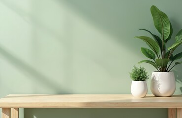 Aufkleber - Empty wooden table against green wall, home plant decor. Modern interior background mock-up for product display. Minimalist design for poster, card, booklet. Kitchen surface to advertise eco products.