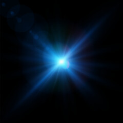 Fototapete - Bright blue lens flare light reflection. Abstract glow and star effect for illustrations and game interface design. Vector