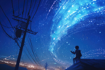Wall Mural - A person is sitting on a roof looking at the stars