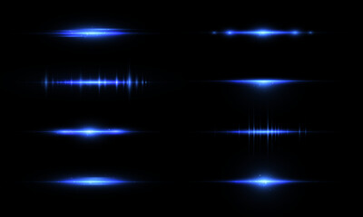 Fototapete - Set of horizontal glowing bright blue rays of light effect isolated on transparent background. Vector