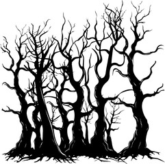 a black and white drawing of a halloween forest with trees that are bare and twisted on transparent 