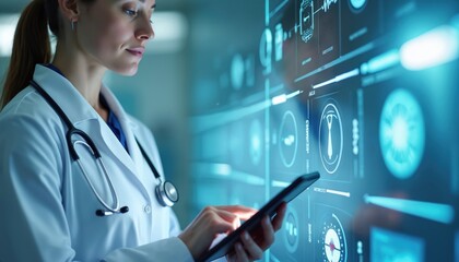 Poster - Doctor uses digital tablet with touch screen interface in modern medical practice, advanced health tech. Woman in lab coat works with futuristic network system for diagnostic service, patient data