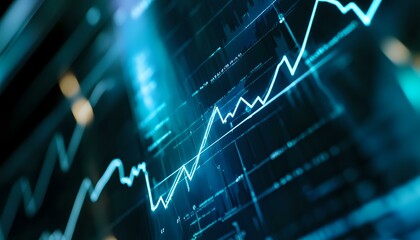 Poster - Glowing blue stock market chart showing upward trend on digital display with shallow depth of field, representing financial growth and investment success.