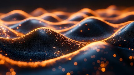 Aufkleber - Abstract glowing orange waves with sparkles and bokeh effects flowing on dark background create dynamic futuristic pattern for technology designs.