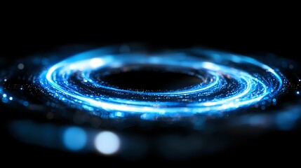 Poster - glowing blue spiral light trail with bokeh effect on black background creates futuristic energy vort