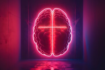 Aufkleber - Glowing neon brain sign with cross shape on dark background with reflection on wet floor, pink and purple lighting effects creates futuristic atmosphere.