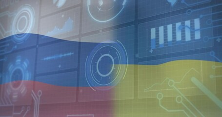 Poster - Ukraine flag overlaying digital data interface with technological animation graphics