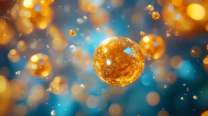 Poster - Glowing golden spheres with magical sparkles floating in turquoise blue space, creating dreamy bokeh effect and ethereal atmosphere. Abstract festive background.