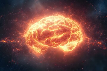 Poster - Glowing orange brain shape formed by energy waves and particles floating in dark space, surrounded by luminous neural connections and cosmic dust.