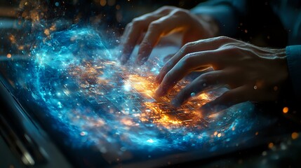 Poster - Mystical hands manipulating glowing cosmic energy above digital tablet, creating magical galaxy effect with blue and orange light particles in dark space.