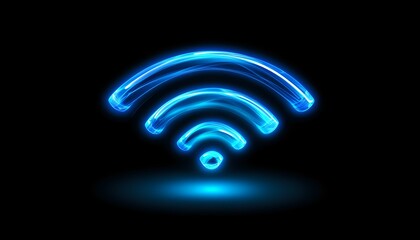 Poster - glowing blue neon wifi symbol floating on black background with reflection, modern technology concep