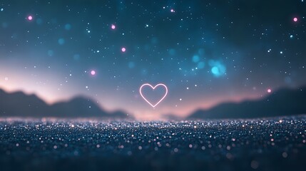 Poster - Glowing heart shape floats above sparkling surface against dreamy night sky with stars and bokeh lights in pink and blue mystical atmosphere.