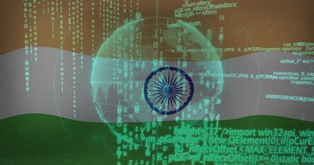 Poster - Indian flag with digital data and binary code overlaying globe animation
