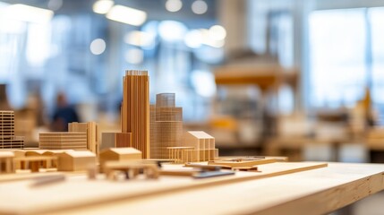 Detailed architectural model showcasing modern building in a design studio with blurred background