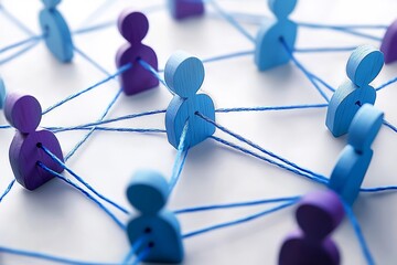 Poster - Wooden figures are interconnected by blue strings, illustrating the concept of social networks and connections between individuals