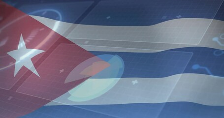 Poster - Waving Cuban flag in animation over digital technology interface with data elements