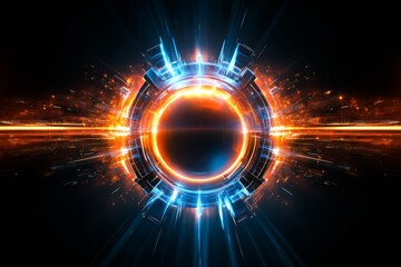 Poster - A circular element glows with vibrant orange and deep blue against a dark background, conveying energy and motion, creating an immersive atmosphere that captivates and holds the viewers attention
