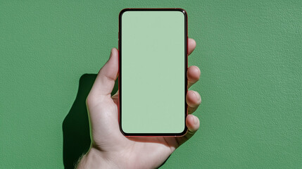 Poster - Smartphone in Hand Mockup Featuring Green Screen Display Held Against Green Background. Hand holding smartphone with blank green screen for content placement against green backdrop