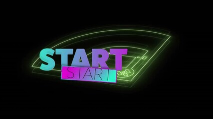 Poster - Colorful START text animation over neon green stadium outline on black background