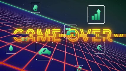 Poster - Game Over text with animation on retro grid background with environmental icons