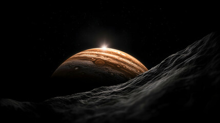 a large gas giant rises over a rough planetary surface