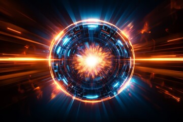 Poster - This stunning artwork features a captivating abstract circular element with vibrant orange and blue hues radiating energy against a dark background, creating a mesmerizing scene that draws viewers in