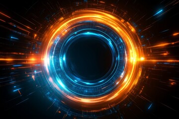 Poster - An abstract circular element with vibrant orange and blue tones on a dark background, radiating energy and motion, enhanced by dynamic light beams for an eyecatching visual effect