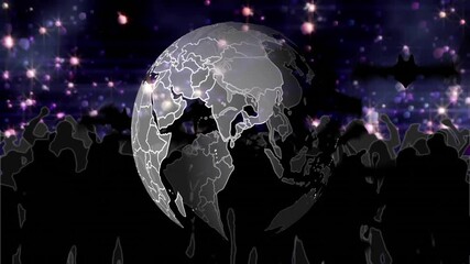 Wall Mural - Animated bats flying over glowing globe with starry night background