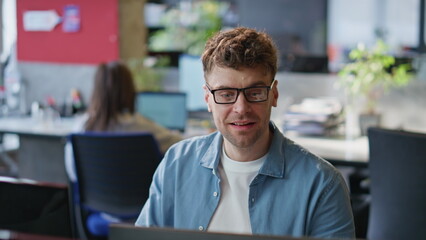 Poster - Overjoyed businessman looking computer in office closeup. Excited boss success