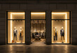 Evening Elegance: Clothing Store Facade - Sophisticated apparel store showcasing modern fashion, warm lighting, stylish mannequins, and inviting window displays. Symbolizes , quality, elegance