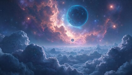 Aufkleber - Fascinating galaxy showcases gorgeous endless cosmos. Creates blue nebulae, planets amid cosmic clouds. Distant scene evokes fantasy, glowing light in dark space. Celestial sky background.